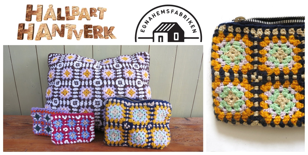 Virkade kuddar och väskor i färgglada mönster, logotyp och texten Hållbart hantverk.