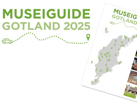 Omslag till Museiguide Gotland 2025 med karta över Gotland och museimarkeringar.