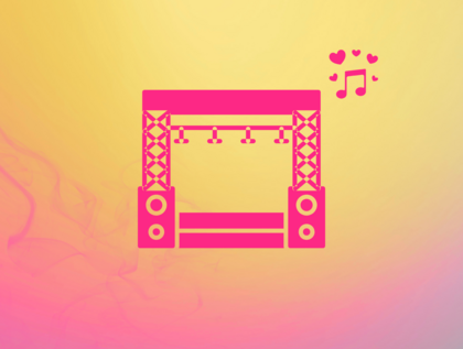 Illustration av en konsertscen med högtalare och musiknoter på en gul och rosa bakgrund.
