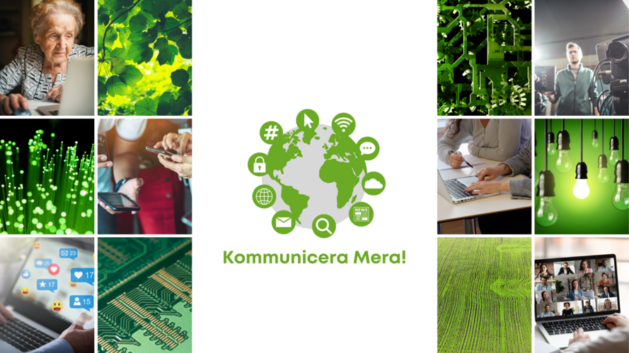 Kollage med teknik, natur, människor och digital kommunikation, texten 'Kommunicera Mera!' i mitten.