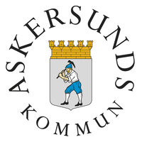 Askersunds kommuns logotyp med en man som blåser i horn och en gul borg ovanför.