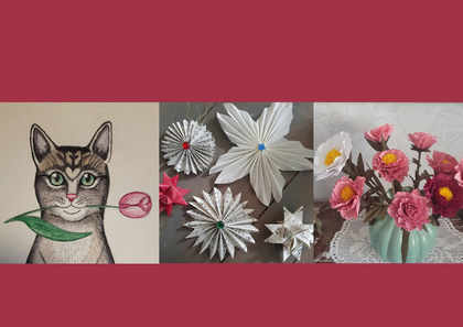 Tre bilder: en tecknad katt med blomma, pappersstjärnor och blommor i vas av papper.