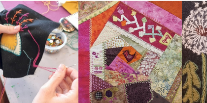 Tre bilder visar händer som broderar, ett färgglatt lapptäcke och broderade maskrosor på tyg.