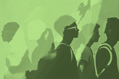 Illustration av fem ungdomar i profil, alla bär ryggsäckar och bilden har en grön ton.