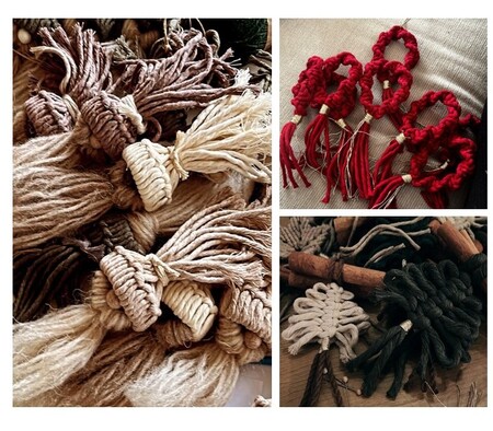 Flera olika makramédekorationer i naturfärger, svart och rött, arrangerade i tre olika sektioner.