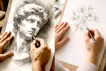 Två personer tecknar, en ritar ett klassiskt porträtt och den andra blommor på papper med blyertspenna.