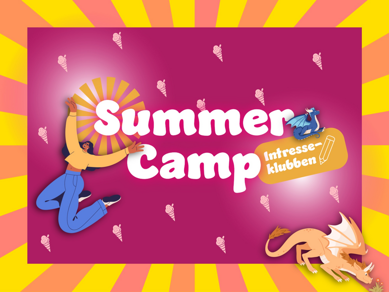 Färgglad affisch för Summer Camp med tecknad hoppande person, drakar och texten 'Intresseklubben'.