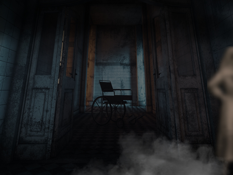 En övergiven rullstol står i ett mörkt, smutsigt rum med öppna dörrar och dimma på golvet. En suddig figur syns till höger.