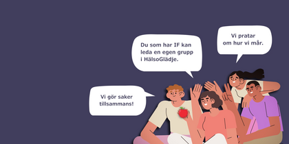 Illustration av en grupp personer som sitter tillsammans och pratar, med pratbubblor om gemenskap och hälsa på svenska.