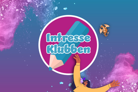 Illustration med texten 'Intresse Klubben', en stor penna, en tecknad person och färgglada färgstänk.