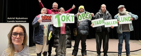Grupp människor håller skyltar om filmfestival i Lund, ansikten är suddade. En porträttbild med suddat ansikte finns i hörnet.