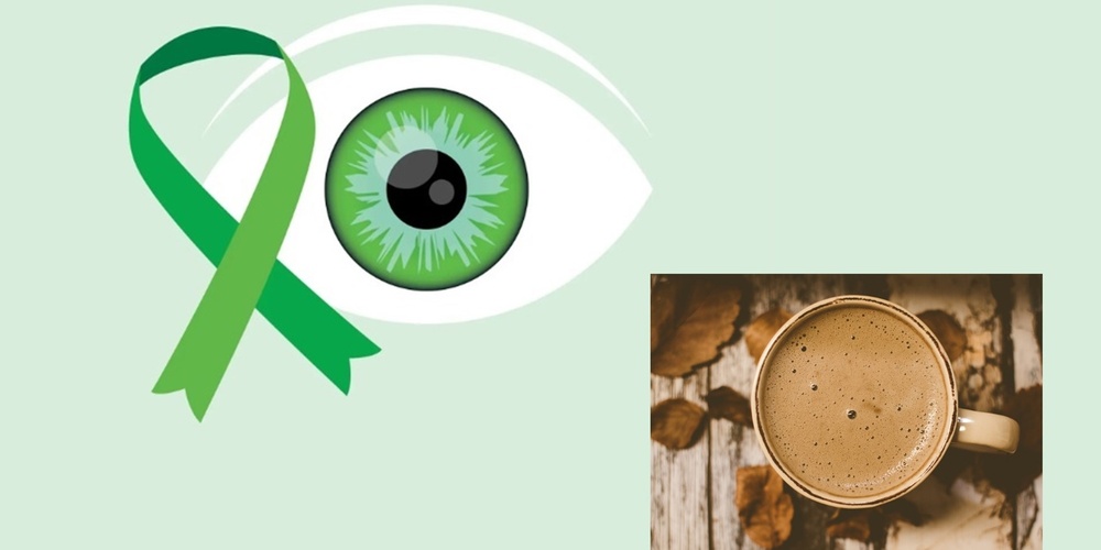 Illustration av ett grönt öga med ett grönt band och en kopp kaffe på träbord.