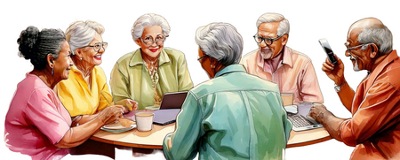Sex äldre personer sitter runt ett bord och använder digitala enheter, skrattar och samtalar.