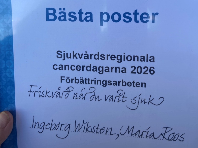 Diplom med blå kant för bästa poster vid sjukvårdsregionala cancerdagarna 2026, resebidrag 10 000 kr.