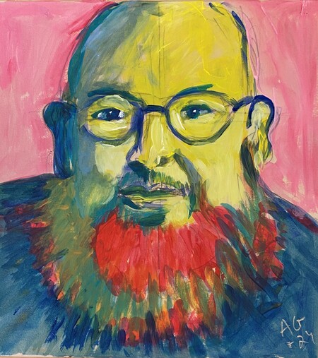 Färgstark målning av en skallig man med glasögon och skägg mot rosa bakgrund.