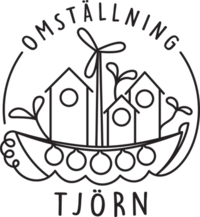 En tecknad logotyp med tre fågelholkar på en båt med växter och texten 'Omställning Tjörn'.