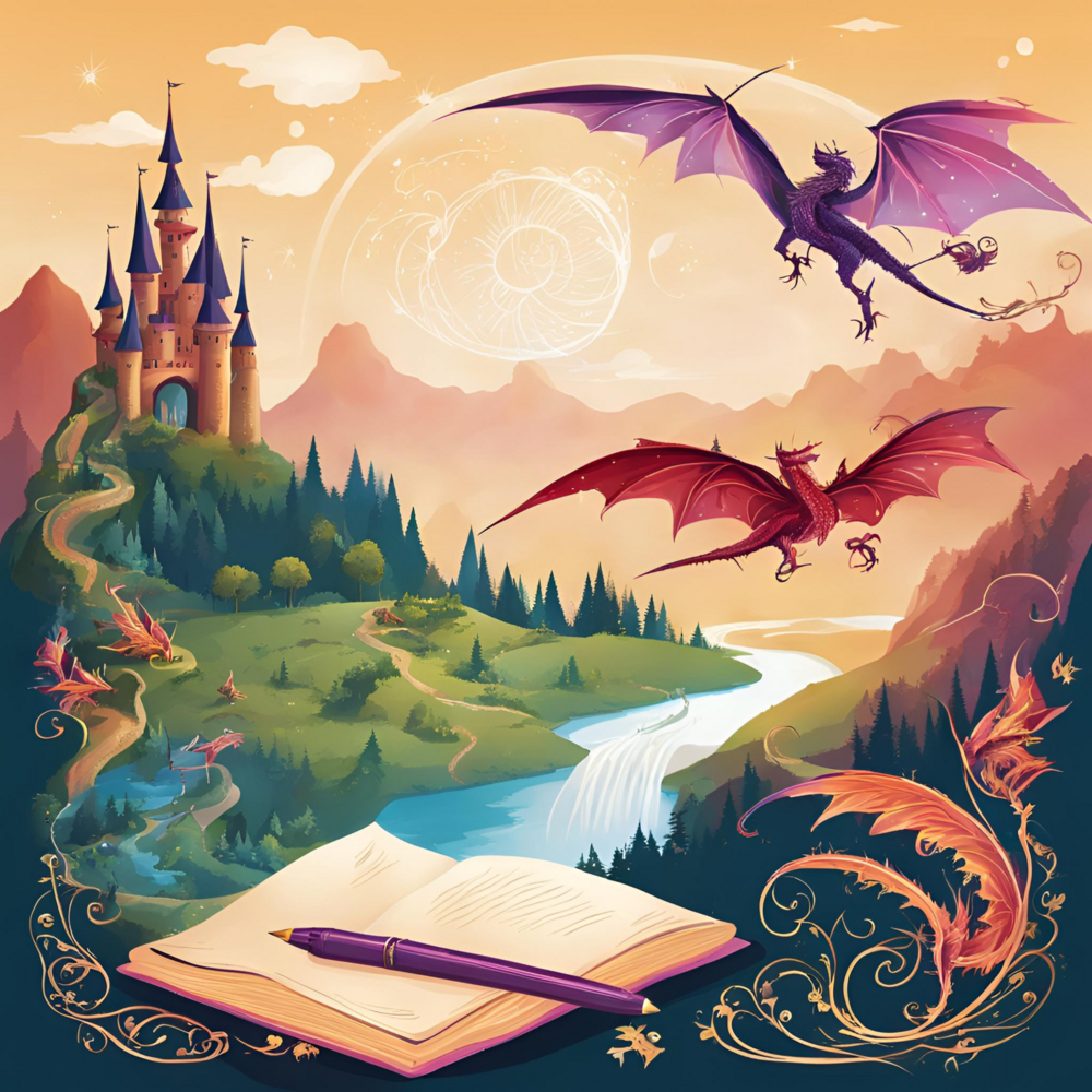 En sagolik landskap med slott, flygande drakar, flod, berg och en öppen bok med penna i förgrunden.