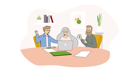 Tre personer sitter och arbetar vid en gemensam laptop.