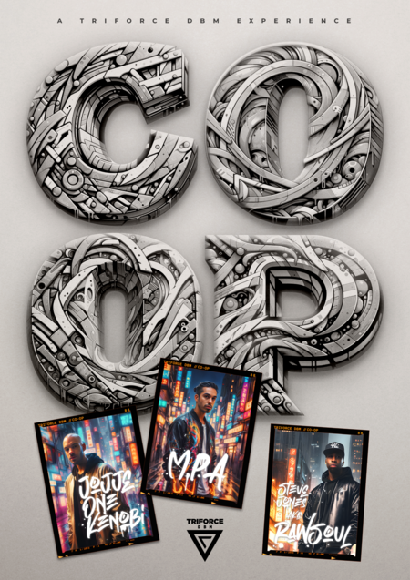 Affisch med texten 'CO-OP' i futuristisk stil och tre porträtt av personer med neonstad i bakgrunden.