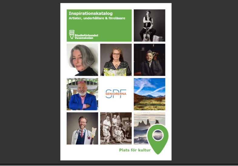 Omslag till en inspirationskatalog med porträtt av olika personer, logotyper och naturbilder.