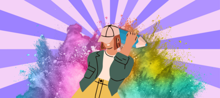 Illustration av en person med keps som kastar färgpulver, med färgglada explosioner och lila strålar i bakgrunden.