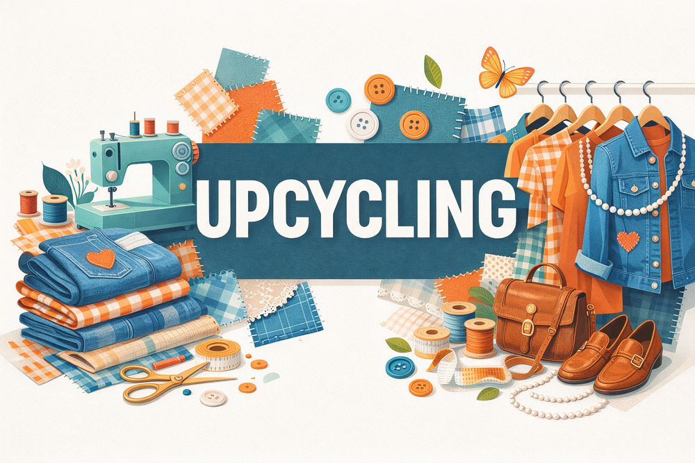 Illustration av upcycling med symaskin, tyg, kläder, accessoarer och texten 'Upcycling' i mitten.
