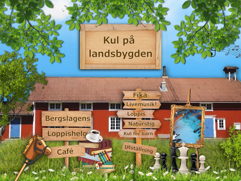 Affisch med text om aktiviteter på landsbygden, röd lada, grönt gräs och skyltar med evenemang.