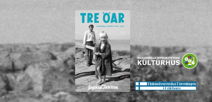 Bokomslag till 'Tre öar' av Sophia Jansson med två personer på klippor vid havet.