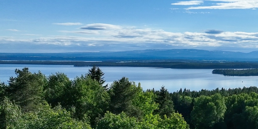 Landskapsvy med gröna ängar, tät skog och en sjö under en blå himmel med moln.