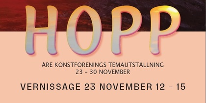 Affisch för konstutställningen 'Hopp' med en tecknad vit hund som hoppar över fjäll i solnedgång.