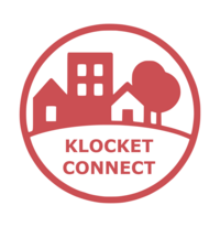 Röd logotyp med hus, träd och texten 'Klocket Connect' i en cirkel.