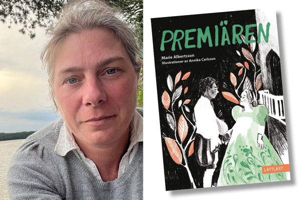 Porträtt av Marie Albertsson utomhus vid vatten, bredvid omslaget till boken 'Premiären'.