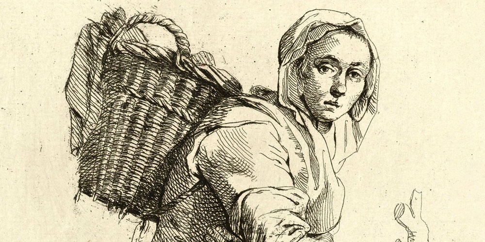 Teckning av en kvinna i gammaldags kläder med en stor korg på ryggen, vänd åt sidan.