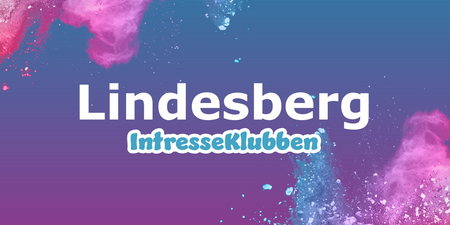Texten 'Lindesberg IntresseKlubben' på färgglad bakgrund med blå, rosa och lila färgpulver.