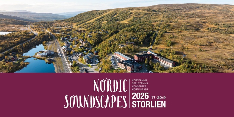 Flygbild över Storlien med information om Nordic Soundscapes 2026, ett musik- och körarrangemang.