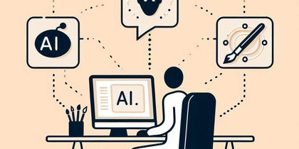 Illustration av en person vid ett skrivbord som arbetar vid en dator med AI-relaterade ikoner runt sig.