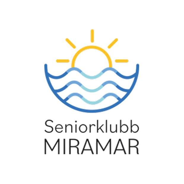 Logotyp med en stiliserad sol över vågor och texten 'Seniorklubb MIRAMAR' under bilden.