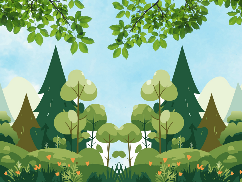 Illustration av en grön skog med träd, buskar och blommor under en blå himmel.