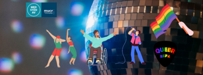 Illustrationer av dansande personer, en person i rullstol, en sångare, regnbågsflagga och texten 'QUEER REPA' mot en discokula.