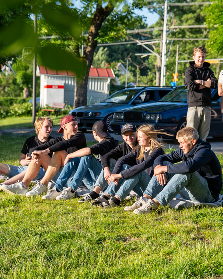 En grupp ungdomar sitter på gräset i solen, med bilar och träd i bakgrunden.