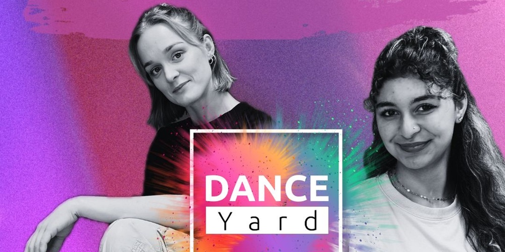 Bild på två dansare som tittar i kameran. Det står Danceyard på en skylt i neon