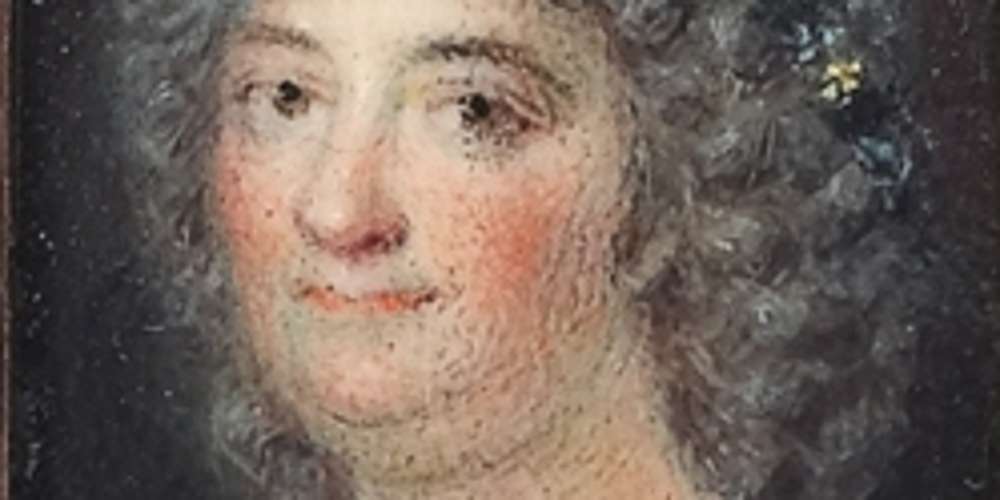 Porträtt av kvinna i blå klänning med blommor i håret, målad i klassisk stil.