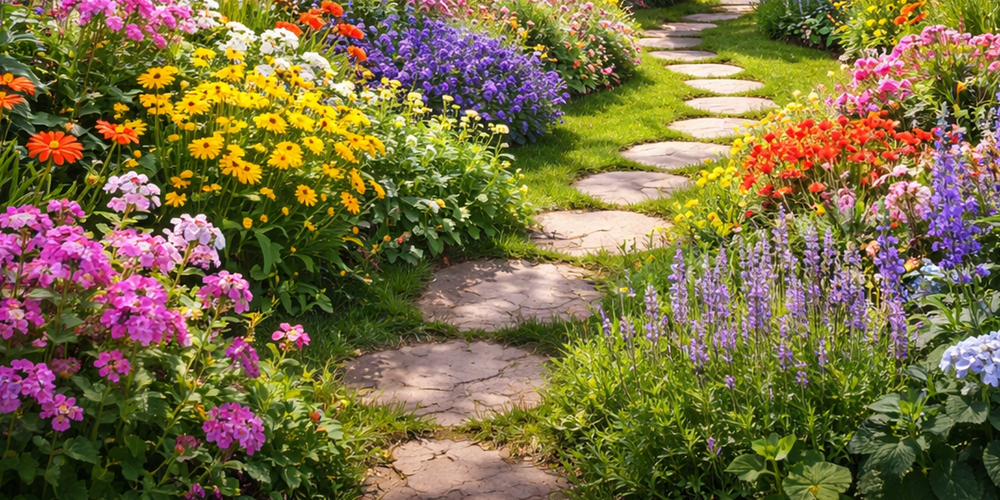 Trädgård med blombåge och massor av färgglada blommor