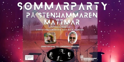 Affisch för sommarparty på Stenhammaren Matmar med musikuppträdanden och dans, färgstark bakgrund med stjärnor.
