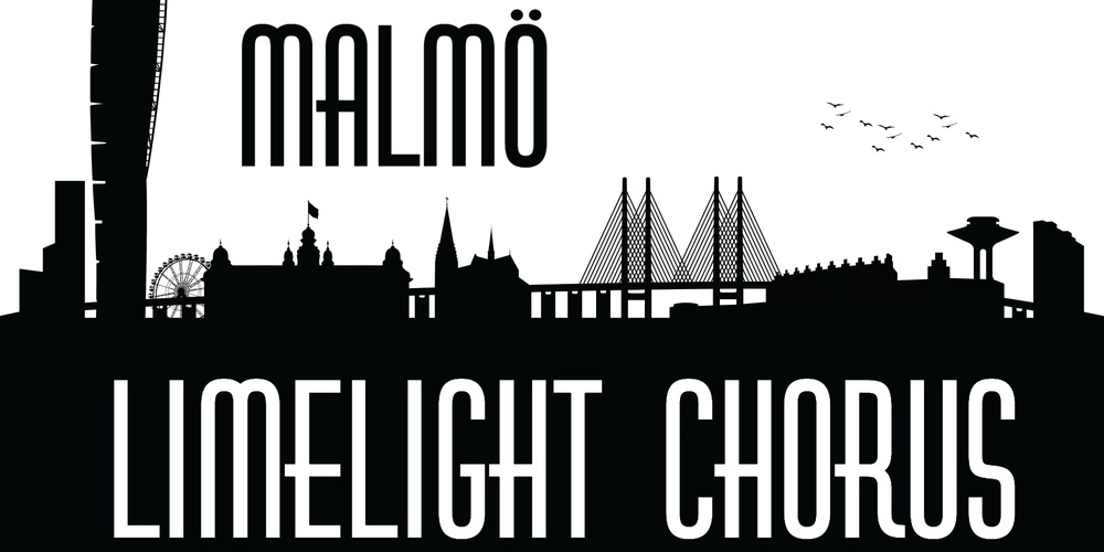 Logotyp, svartvit siluett av Malmös skyline med texten 'Malmö Limelight Chorus'.