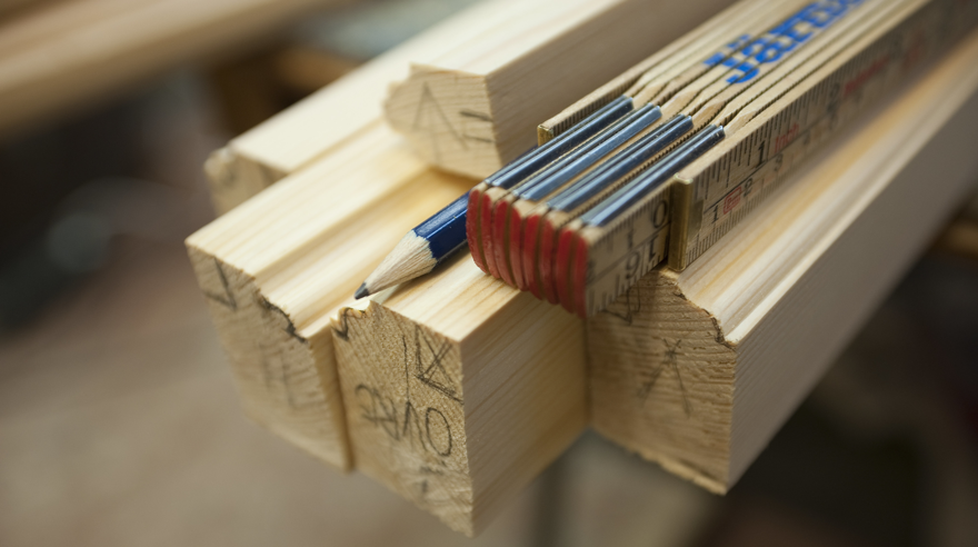 Närbild på träbitar med snickerimarkeringar, en tumstock och en blyertspenna ovanpå.