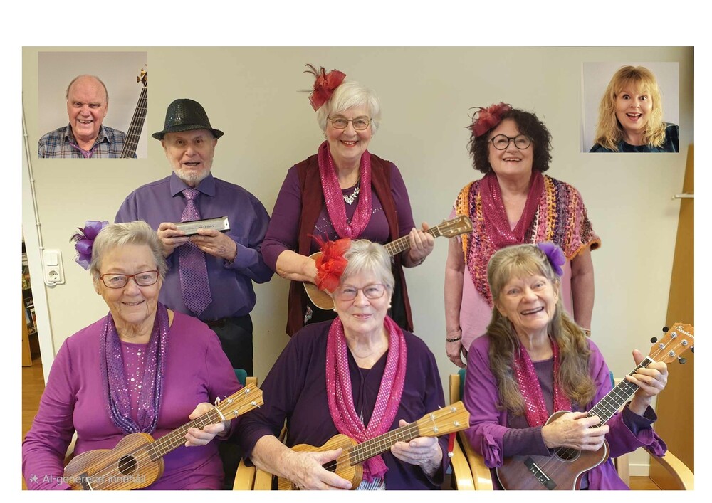 En grupp äldre personer spelar ukulele och munspel, klädda i lila och rosa, inomhus.