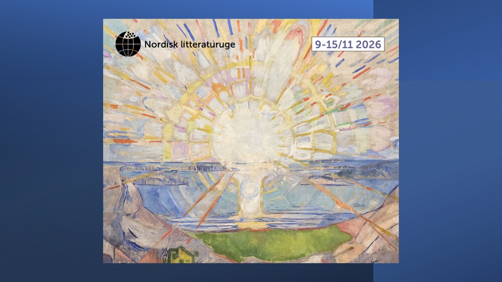 Affisch med målning av en strålande sol över landskap, text om Nordisk litteraturvecka 9–15 november 2026.