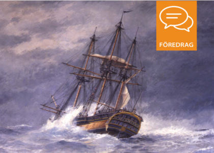 Ett segelfartyg kämpar mot höga vågor under en stormig himmel, med en orange föredragsikon i hörnet.