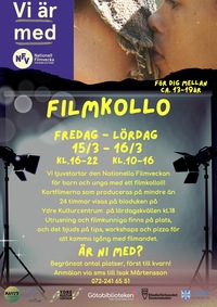 Affisch för filmkollo för ungdomar 13-19 år med information om datum, tider och anmälan.